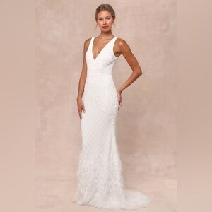 LULU’S GLAMOROUS VOW BEADED FEATHER LUREX MERMAID MAXI DRESS
